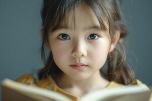 A focused young Asian girl with dark hair reading a book, displaying curiosity and innocence. photo