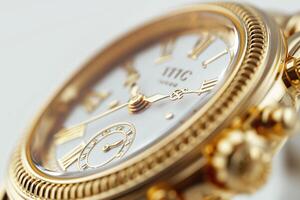 Close-up of an elegant gold watch showcasing intricate details and craftsmanship. photo