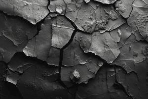 Close-up of textured cracked black paint on a surface, showcasing a variety of shades and patterns. photo