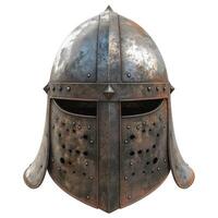 A detailed close-up of a medieval knight's helmet showcasing its intricate design and weathered texture. photo