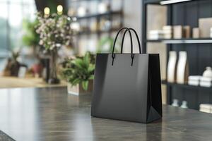 A sleek black shopping bag on a stylish wooden table in an elegant store interior. photo