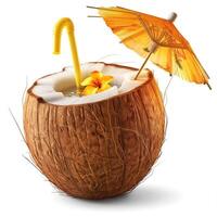A refreshing coconut drink garnished with a tropical flower, straw, and an umbrella, evoking a serene beach vibe. photo