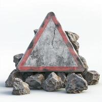 A triangular warning sign leaning against a pile of rocks, creating an alerting atmosphere with a rugged texture. photo
