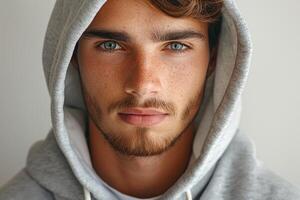 Close-up portrait of a young male with striking blue eyes and a hoodie, showcasing confidence and a contemplative mood. photo