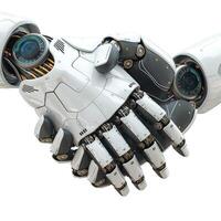 An advanced robotic hand engages in a handshake, symbolizing collaboration between humans and technology. photo