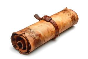 A beautifully crafted leather scroll featuring intricate designs, tightly rolled and secured with a leather strap. photo