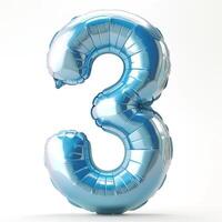 A shiny blue balloon in the shape of the number three, adding a festive touch to any celebration. photo