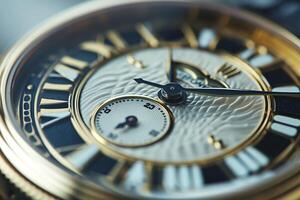 Close-up of an elegant gold and silver luxury watch featuring intricate details and Roman numerals. photo