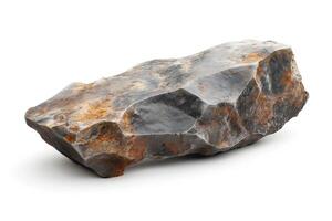 An intriguing, rough-hewn rock with a mix of gray and rust-colored hues, showcasing its natural texture and geological beauty. photo