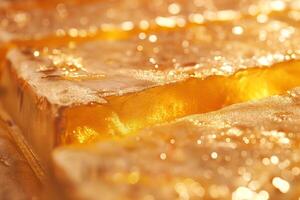 Golden amber resin glimmers under soft sunlight, showcasing its impressive texture and vibrant hues. photo