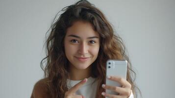 A young Hispanic woman with long, curly hair smiles at the camera while holding a smartphone, exuding confidence and warmth. photo