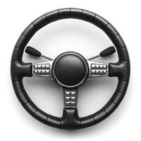 Stylish black steering wheel with silver controls, perfect for modern vehicles. photo