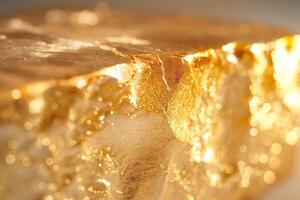 Close-up of a shimmering gold nugget, showcasing intricate textures and dazzling reflections. photo