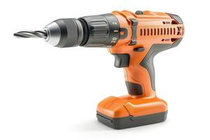 An orange cordless drill with a metal bit showcased against a white background, ideal for home improvement tasks. photo
