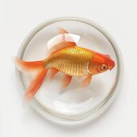 A vibrant goldfish swimming gracefully in a clear round bowl, showcasing its vivid colors and elegant fins. photo