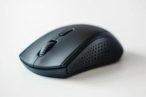 Close-up of a sleek black wireless computer mouse on a white background. photo