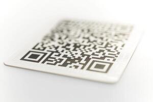 Close-up of a QR code on a white background, representing digital connectivity and modern technology. photo