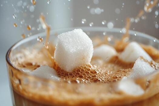 Close-up of a refreshing drink with sugar cubes splashing into it, creating a bubbly, lively scene. photo