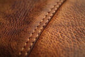 A close-up view of textured brown leather showcasing intricate stitching details. photo