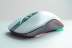 A sleek, modern white gaming mouse with RGB lighting, showcasing cutting-edge design and ergonomic features. photo