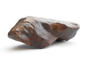 A rugged, irregularly shaped metallic rock with a dark, textured surface, resembling a natural mineral specimen. photo
