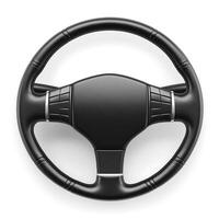 Close-up of a sleek black steering wheel against a white background, showcasing its modern design and ergonomic features. photo