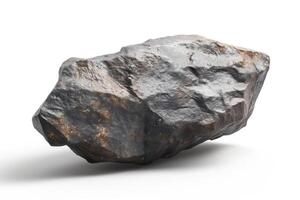 A large, rough-edged meteorite showcasing a dark, metallic surface reflecting light. photo