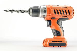 A powerful orange cordless drill with a metallic drill bit, perfect for home improvement and DIY projects. photo