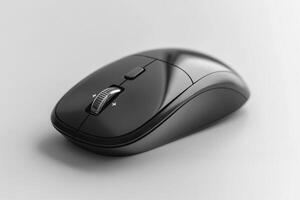 Sleek black computer mouse with ergonomic design, featuring scrolling wheel and adjustable sensitivity. photo