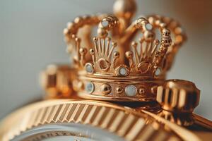 Close-up of an elegant golden crown ornament on a luxury watch, showcasing intricate details and craftsmanship. photo