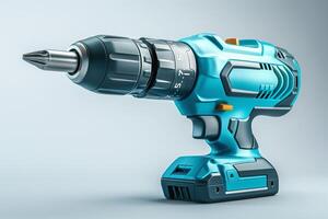 Close-up of a modern, teal-colored cordless drill against a minimalist background. photo