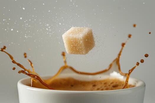 A sugar cube gracefully drops into a steaming cup of coffee, creating a splash of rich brown liquid. photo