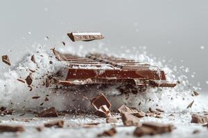 A dynamic shot of chocolate breaking apart with cocoa dust flying in the air, creating an artistic and delicious scene. photo