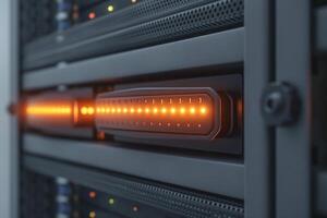 Close-up of a server rack with illuminated components, showcasing a modern data center in a high-tech environment. photo