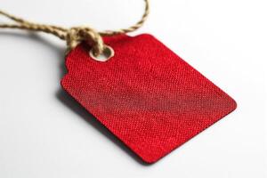 A vibrant red textured tag with a jute rope, perfect for gift wrapping or labeling items stylishly. photo