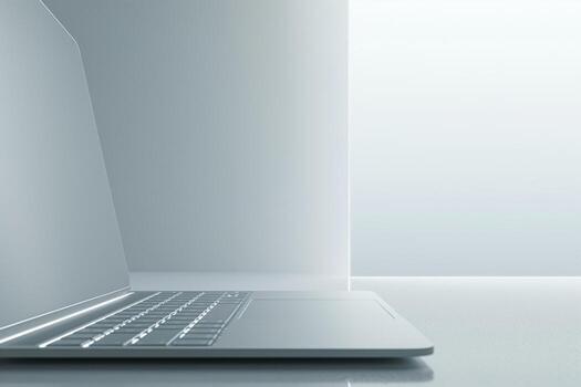 A sleek, minimalist laptop sits on a reflective surface with soft natural light, creating a calm and modern workspace ambiance. photo