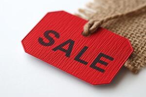 A close-up of a bold red sale tag attached to burlap, perfect for shopping promotions. photo