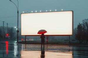 A woman stands under a red umbrella in front of a blank billboard on a rainy evening, evoking a sense of solitude. photo