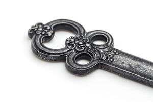 A close-up of an ornate, vintage black key featuring intricate floral designs. photo