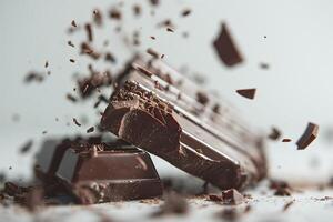 Dynamic shot of dark chocolate bars breaking apart, creating an artistic splash of chocolate shards. photo