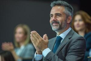 A middle-aged Caucasian man in a suit claps enthusiastically, showing appreciation at an event. photo