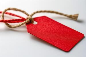 A vibrant red tag with a twine string, perfect for gift wrapping or labeling items. photo