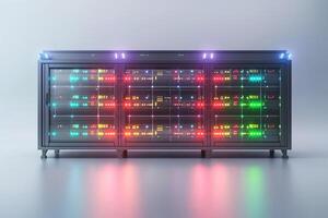 A modern data server with colorful LED lights, showcasing a sleek design perfect for technology-focused environments. photo