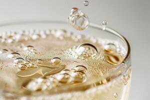A close-up of sparkling beverage bubbles in a crystal glass, capturing the essence of refreshment and celebration. photo