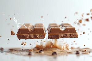 Close-up of milk chocolate breaking apart with splashes of chocolate and droplets, evoking indulgence and freshness. photo