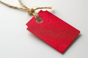 A vibrant red tag with a rustic twine loop, perfect for labeling and crafting. photo