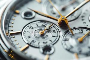 Close-up of a sophisticated silver chronograph watch with intricate details and golden accents. photo