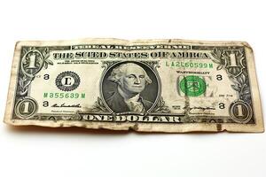 Close-up of a worn one dollar bill featuring George Washington, capturing the intricate details and texture of the currency. photo