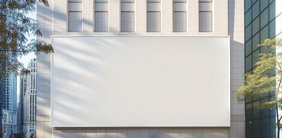 A large blank billboard on a modern building, surrounded by trees and urban architecture, creating a clean and minimalistic look. photo