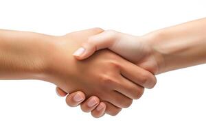 A close-up of two hands shaking, one with a darker skin tone and the other with a lighter skin tone, symbolizing unity and agreement. photo